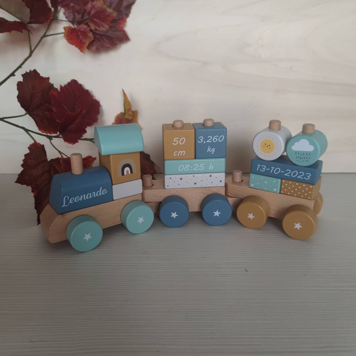 Trenino Legno Sunrise Col. Azzurro Personalizzato con Dati Nascita - Fili e Stelle
