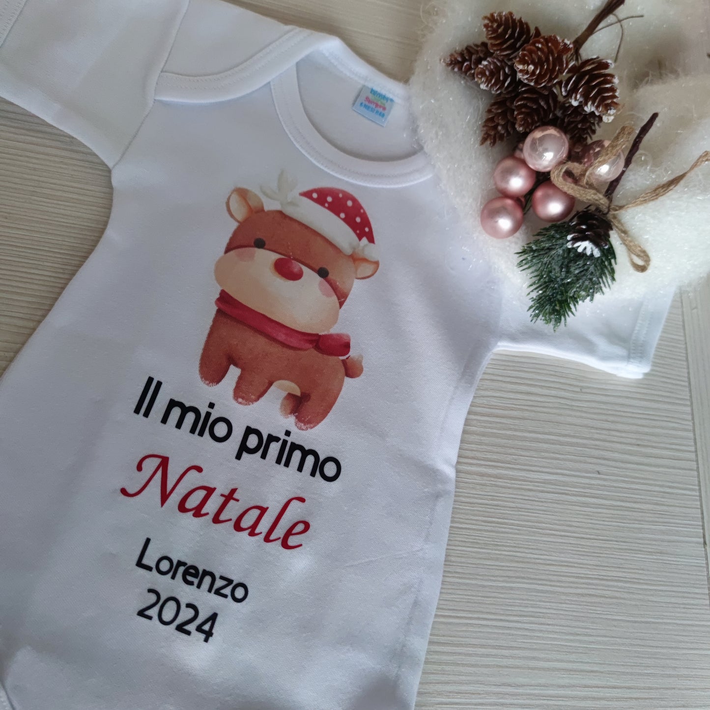 Body Natalizio Manica Corta Caldo Cotone Bianco - Made in Italy - Personalizzato con Disegno e Nome