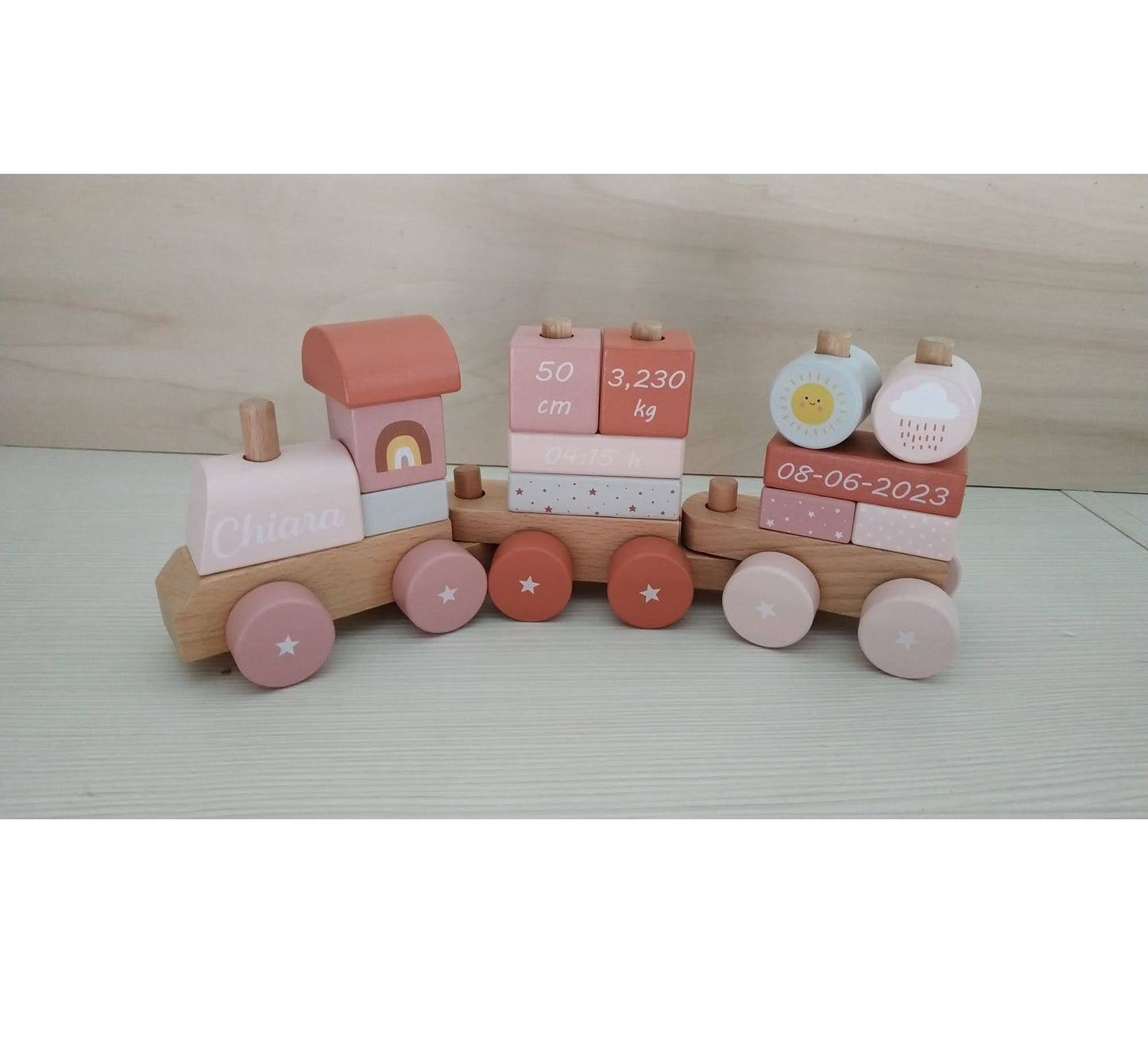 Trenino Legno Sunset Col. Rosa Personalizzato con Dati Nascita - Fili e Stelle
