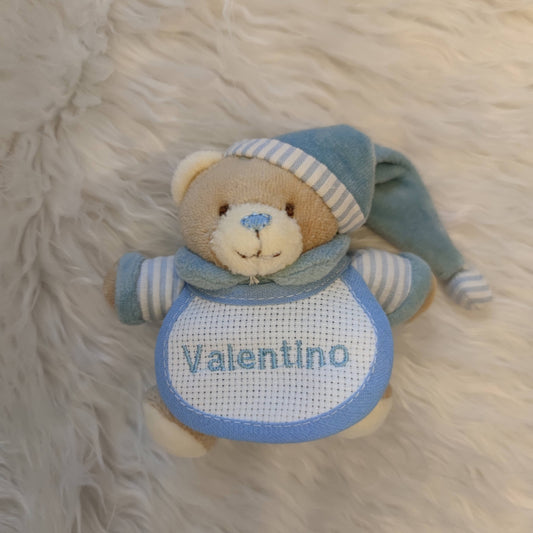 Orsetto 12 cm con Bavaglina in Tela Aida Personalizzata con Nome - Colori Vari - Fili e Stelle