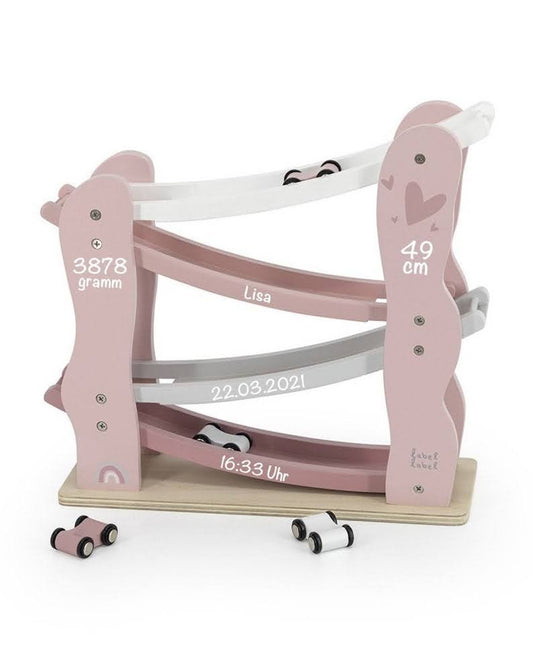 Scivolo per Macchinine Legno di Faggio Certificato FSC 18m+ - Personalizzato con Dati Nascita - Rosa - Fili e Stelle