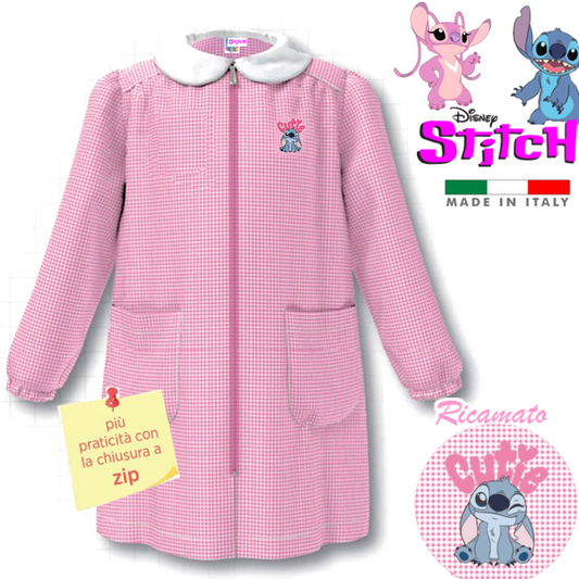 Grembiule Asilo Disney Disegno Stitch Personalizzato con Nome - Apertura con zip - Rosa