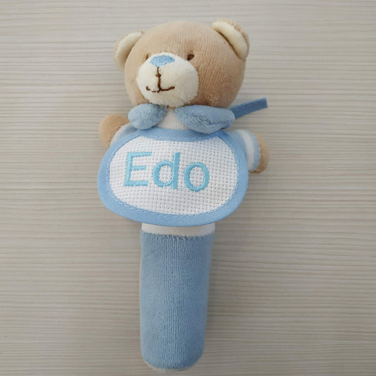 Orsetto a Tubo Sonaglio con Bavaglino in Tela Aida Personalizzato con Nome - Fili e Stelle