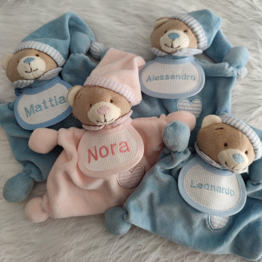 Orsetto Doudou con Bavaglina in Tela Aida Personalizzato con Nome - Colori Vari - Fili e Stelle