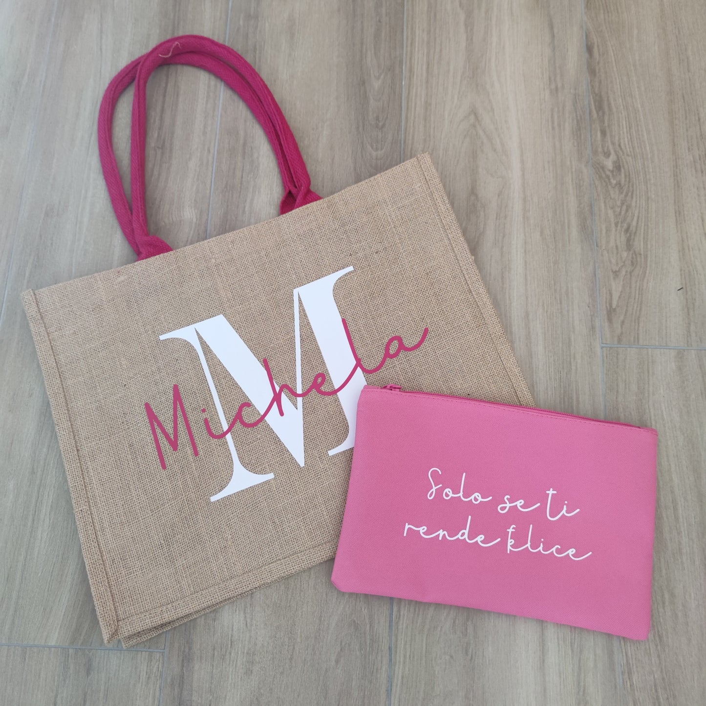 Borsa Juta Classic Manici Fuxia Personalizzabile - Fili e Stelle