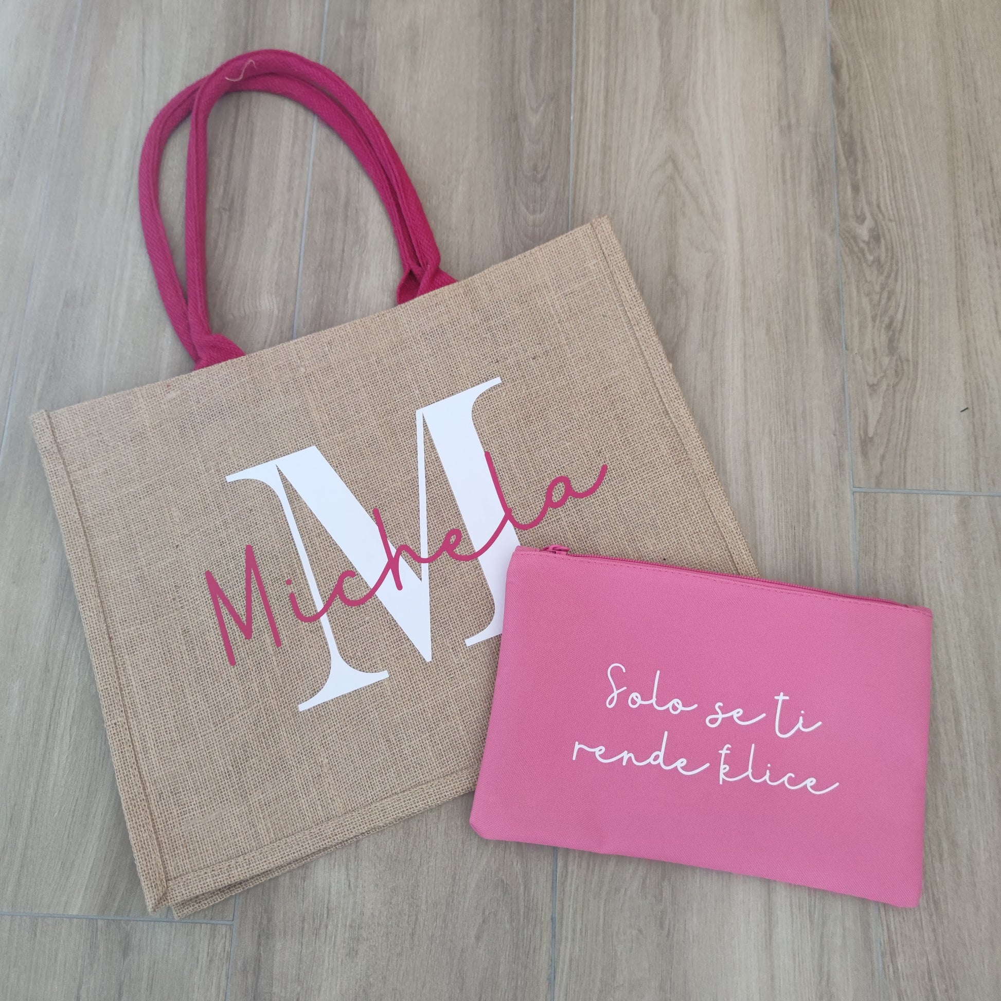 Borsa Juta Classic Manici Fuxia Personalizzabile - Fili e Stelle