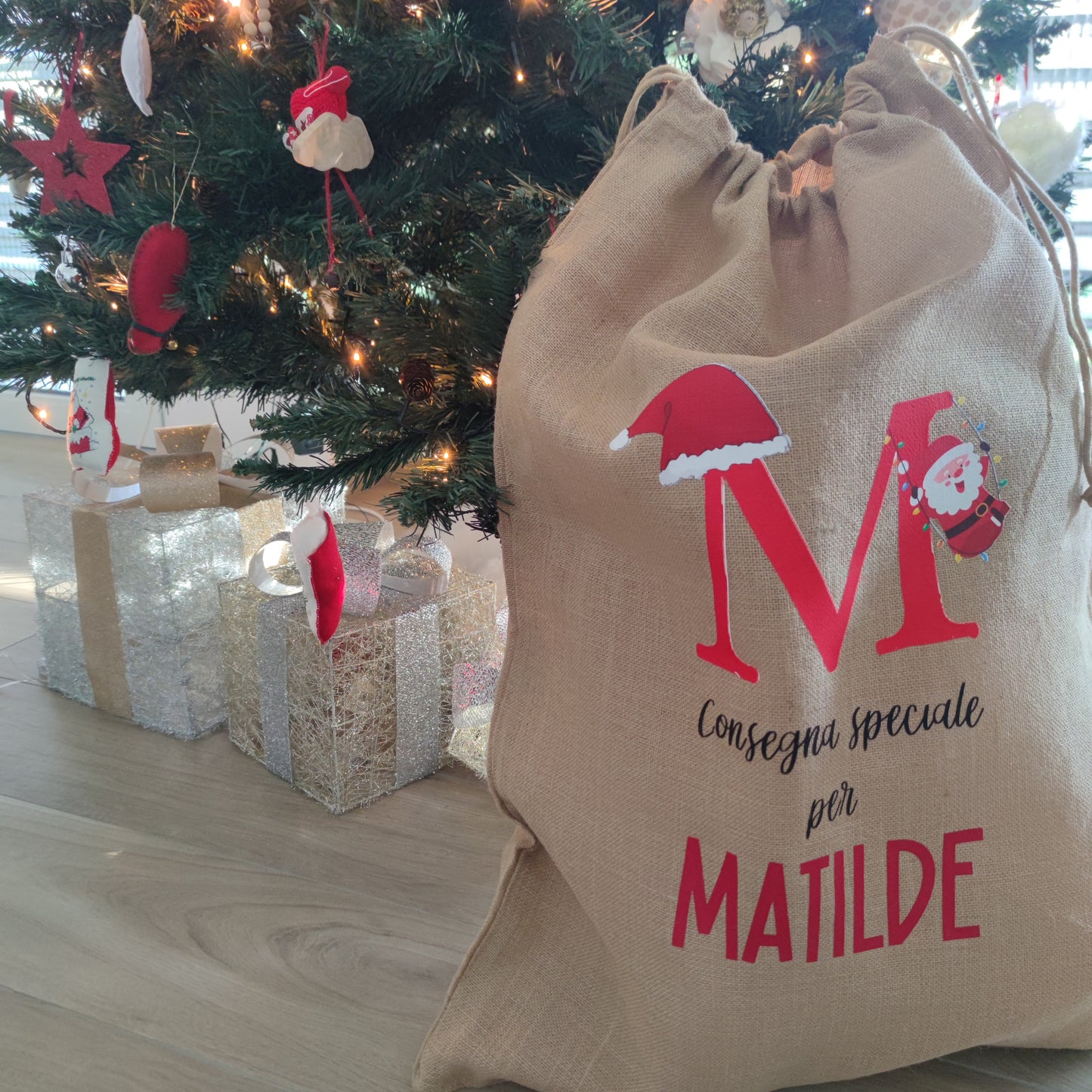 Sacco in Juta Regali di Natale Personalizzato con Nome e Disegno