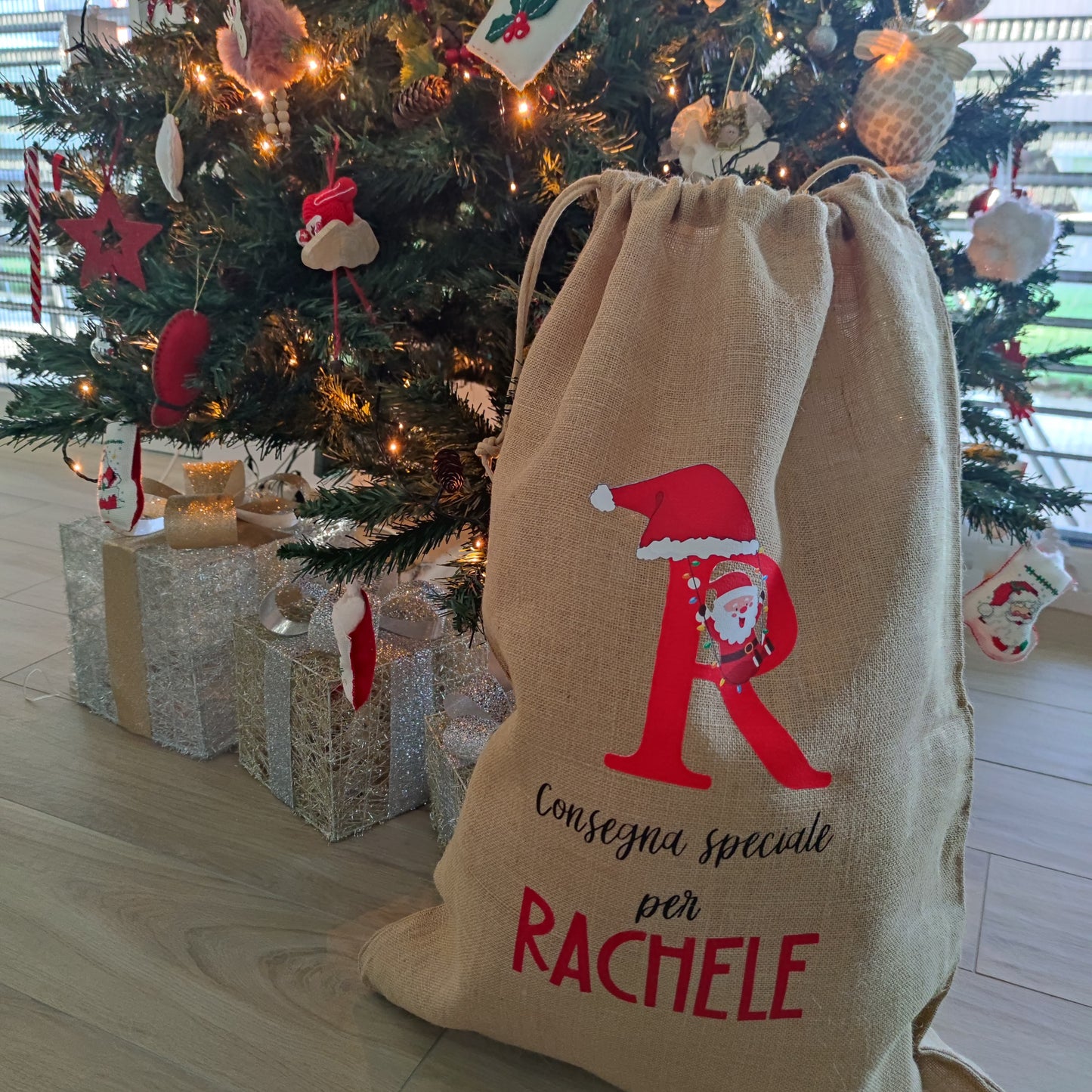 Sacco in Juta Regali di Natale Personalizzato con Nome e Disegno