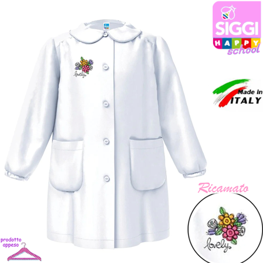 Grembiule Asilo Siggi Bianco Disegno Fiori - Personalizzato con Nome