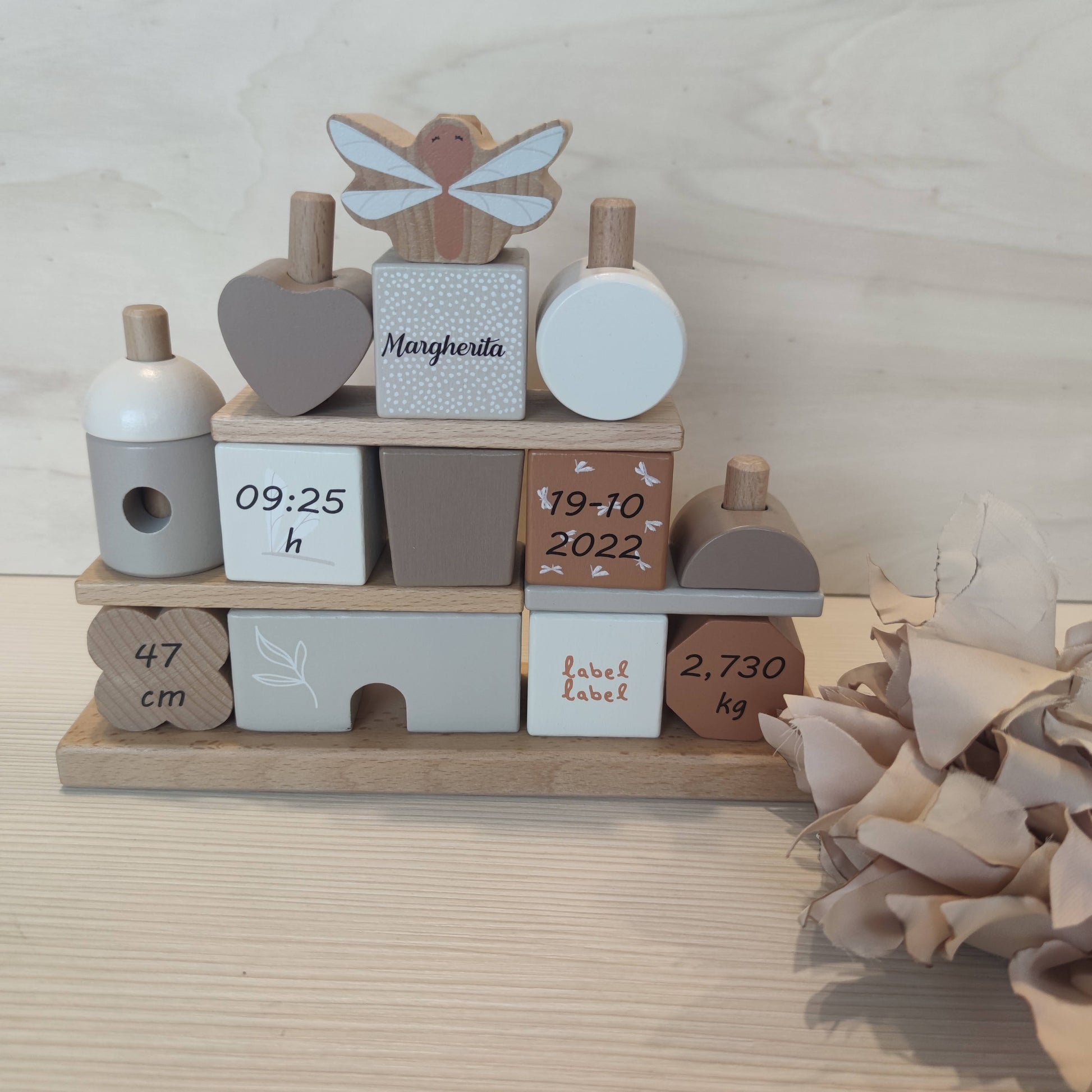 Casetta mattoncini impilabili 18m+ - Personalizzati con Dati Nascita - Nougat - Fili e Stelle