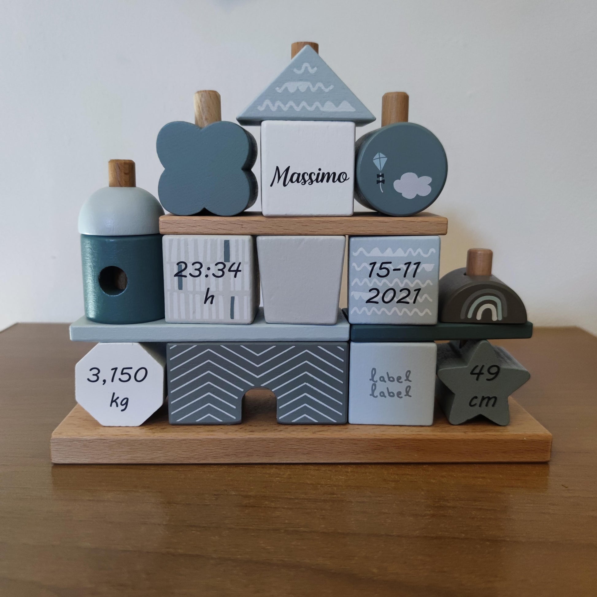 Casetta mattoncini impilabili 18m+ - Personalizzata con Dati Nascita - Azzurro - Fili e Stelle