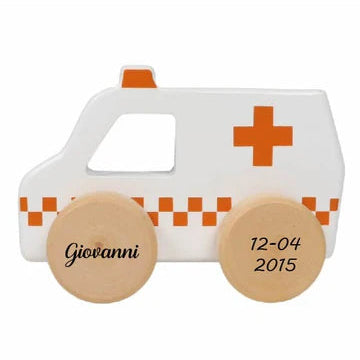Macchinina di Legno Grande 13 cm - Ambulanza - 12m+ - Personalizzabile - Fili e Stelle