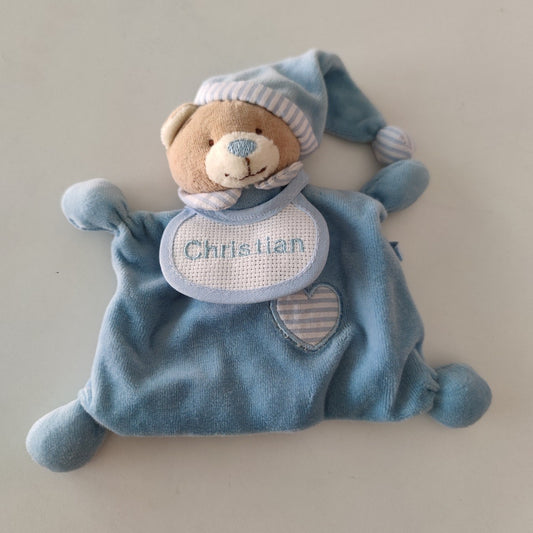 Orsetto Doudou Azzurro con Bavaglina in Tela Aida Personalizzata con Nome Christian - Fili e Stelle
