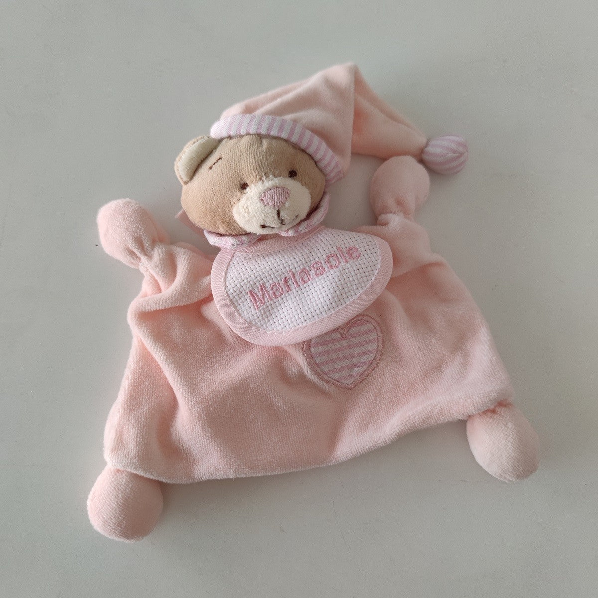 Orsetto Doudou Rosa con Bavaglina in Tela Aida Personalizzata con Nome Mariasole - Fili e Stelle