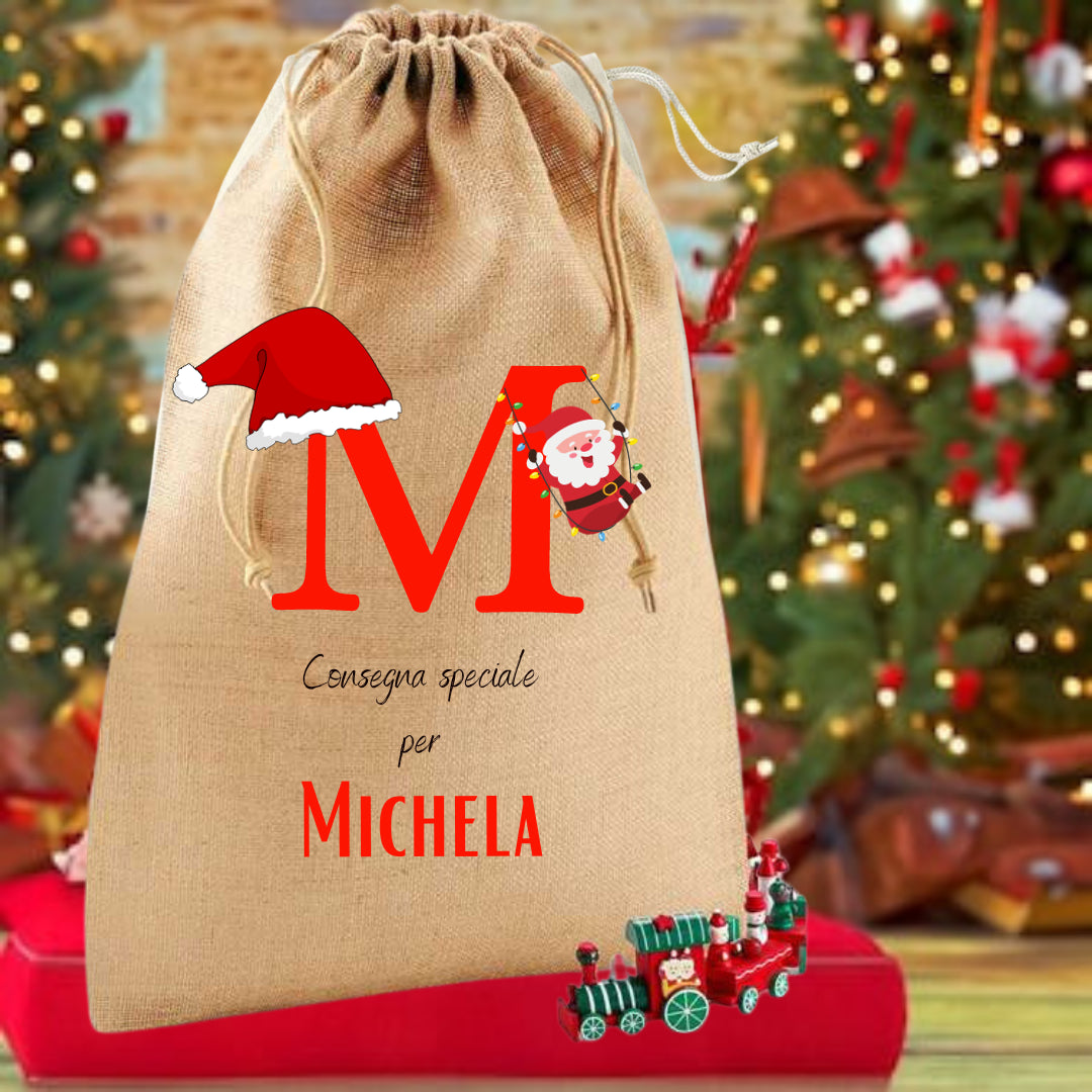 Sacco in Juta Regali di Natale Personalizzato con Nome e Disegno