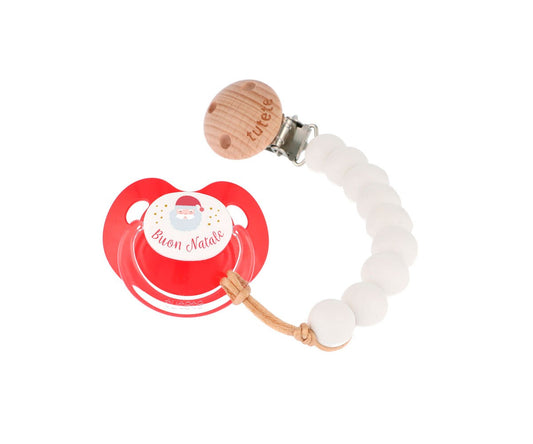 Set Regalo Ciuccio Retro +6m Buon Natale Santa + Catenella Pure Cotton - Fili e Stelle
