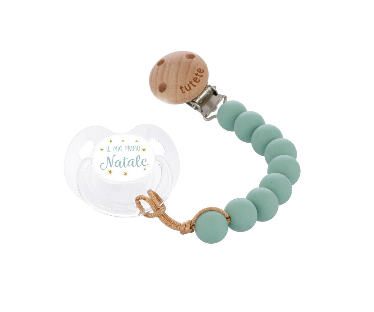 Set Regalo Ciuccio +6m Silicone Retro Il Mio Primo Natale + Catenella Pure Sage - Fili e Stelle