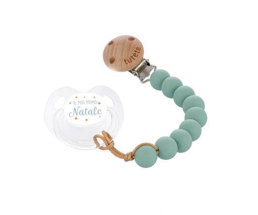 Set Regalo Ciuccio +6m Silicone Retro Il Mio Primo Natale + Catenella Pure Sage - Fili e Stelle