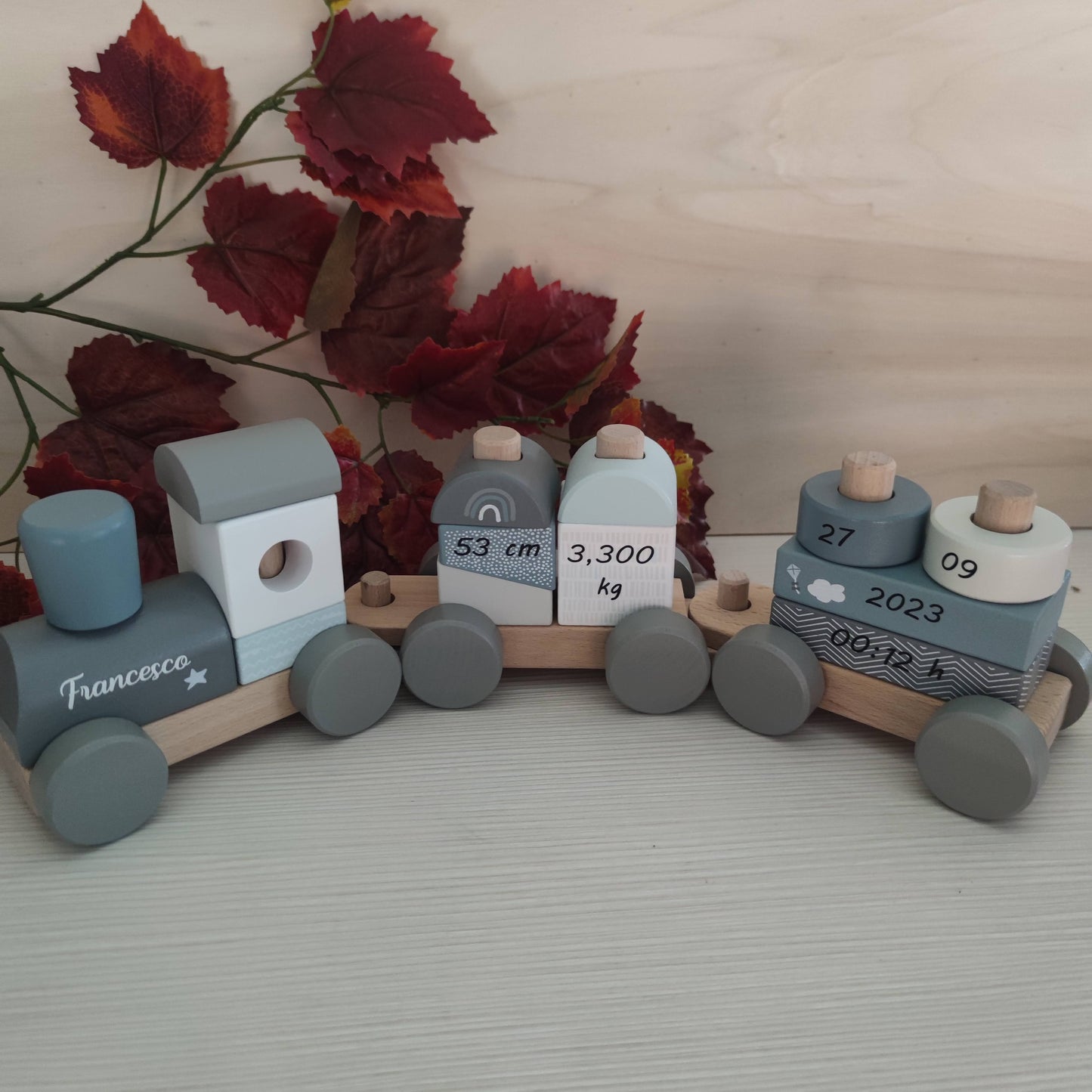 Trenino di Legno Label FSC 18m+ Personalizzato - Azzurro - Fili e Stelle
